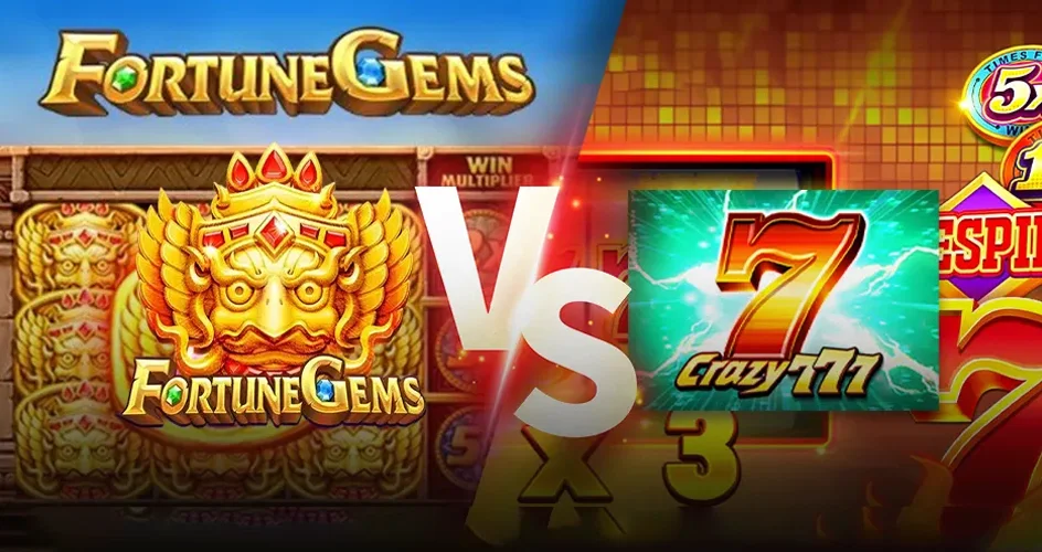 JILI Fortune Gems and Crazy 777 side by side with Fortune Gems mask art and Crazy 777 seven and multiplier UI