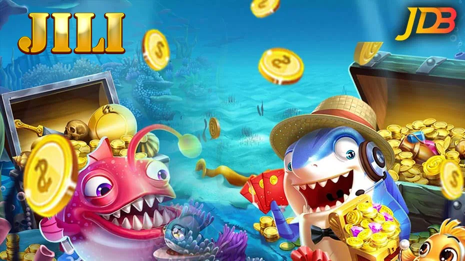 Underwater fish-hunter style artwork with JILI and JDB branding, treasure chests, and colorful sea creatures