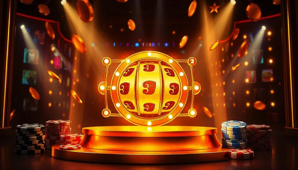 Golden slot reels on a spotlight-lit casino stage with falling coins and chips, jackpot celebration style artwork