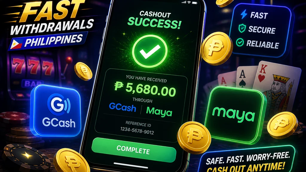 Fast online casino cashout confirmation on smartphone showing Philippine peso winnings with GCash and Maya options