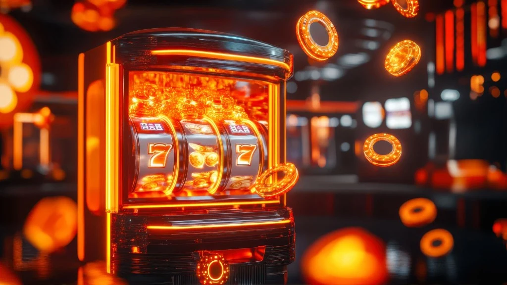 Stylized slot machine with orange neon trim, classic reel symbols, floating golden coins on a dark casino-style background