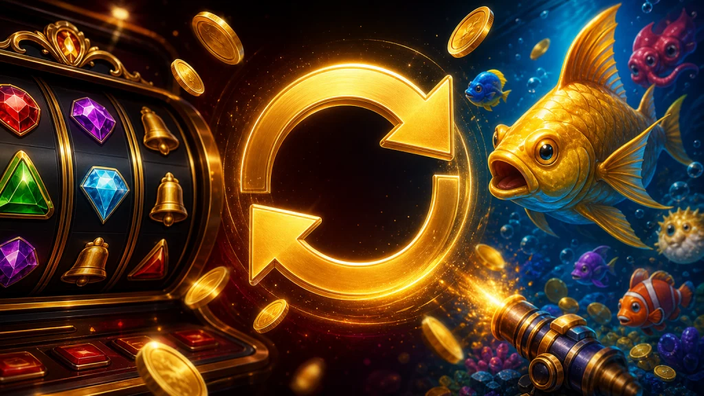 Golden cashback arrows between slot reels and an underwater fishing game on a dark casino background